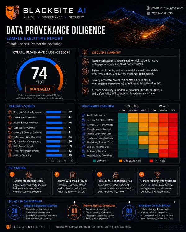 Executive report on data provenance diligence with a score of 74, highlighting risks and remediation steps.