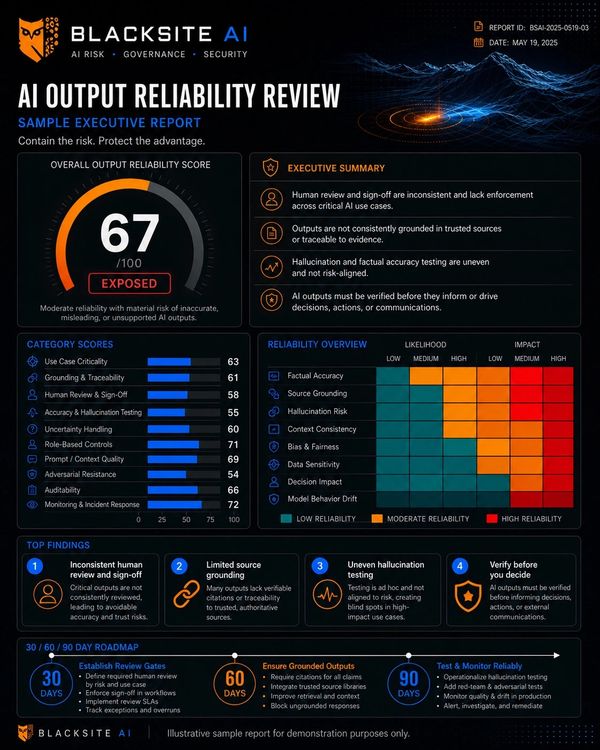 AI output reliability report showing a score of 67 with category scores and risk overview.
