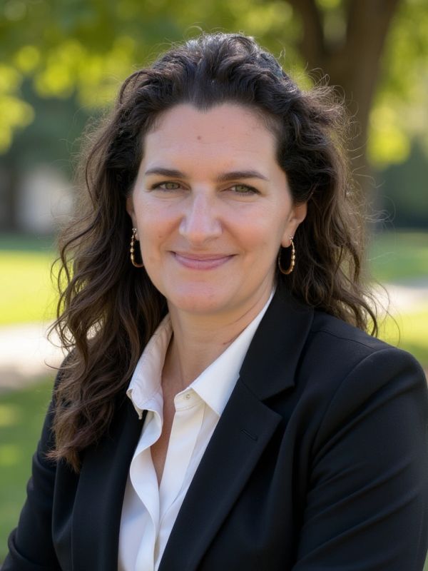 Professional woman in a black blazer outdoors.