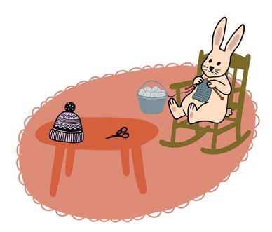 A bunny knitting a blue sweater while sitting in a rocking chair.