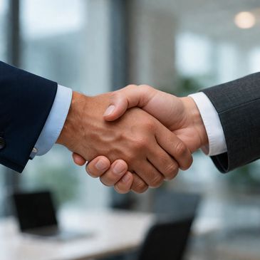 Two business professionals shaking hands in an office setting.
