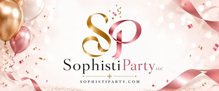 SophistiParty LLC logo with elegant balloons and ribbons.