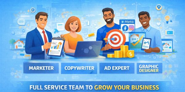 Illustration of a marketing team with roles and tools to grow business.