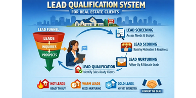 Infographic of a lead qualification system for real estate clients showing funnel stages and lead types.