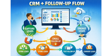Diagram illustrating CRM and follow-up flow for lead management and conversion.