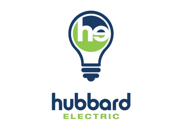 Logo of Hubbard Electric featuring a light bulb with 'he' inside.