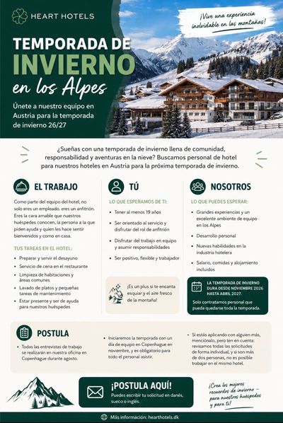 Anuncio de trabajo para temporada de invierno en hoteles Heart en los Alpes.