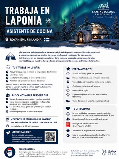 Oferta de trabajo para asistente de cocina en Laponia, Finlandia, en Santas Igloos Arctic Circle.