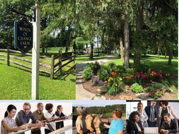 "Winds of Change Farm sign and a collage showing collaborative team workshops and outdoor coaching s
