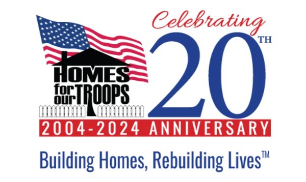 20th anniversary logo for Homes for Our Troops with American flag.