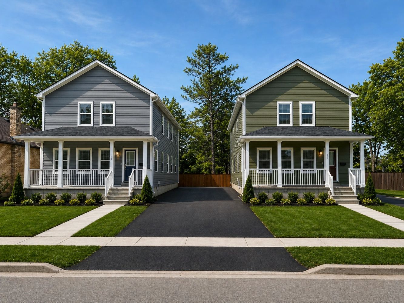Two modern houses with contrasting gray and green exteriors and well-maintained lawns.