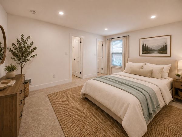 Cozy bedroom with neutral tones, a large bed, and natural decor.