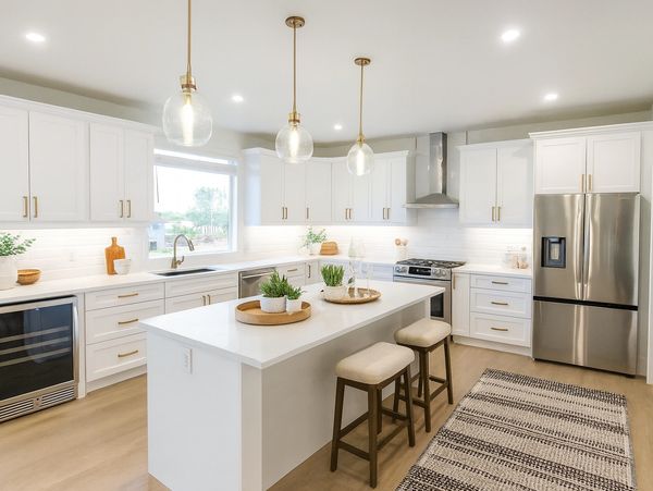 Bright modern kitchen with white cabinets and island seating.