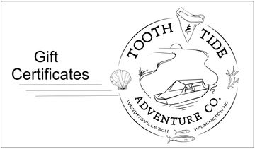 A drawing of a boat and a logo that says Tooth and Tide Adventure Co. Gift Certificates