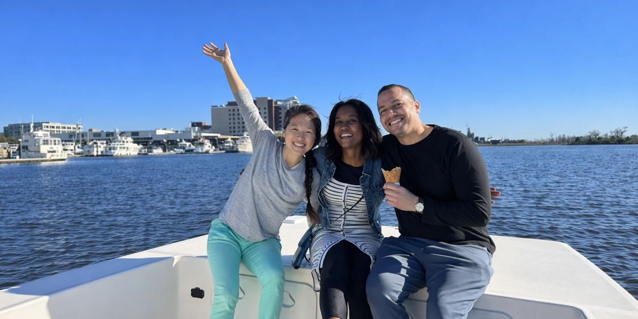 Three friends sitting on the front of a tour boat on the Cape Fear River in downtown Wilmington NC.