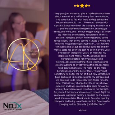 Customer review praising NEUX Technologies and Alyssa's support.