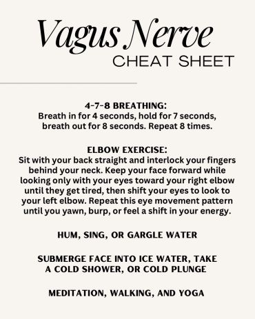 Vagus nerve cheat sheet with breathing and exercises.