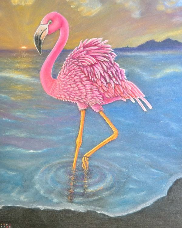 9.5x12.5 pastel pencil drawing of a pink flamingo standing in ocean water at colorful sunset