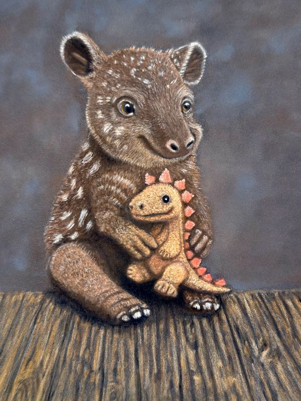 7x9.5 pastel pencil drawing of a baby tapir sitting while holding a small dino toy