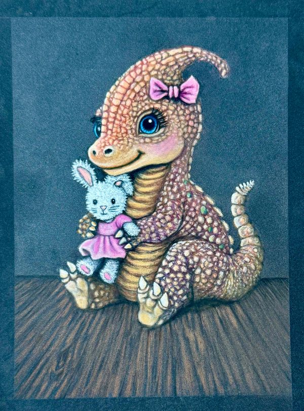 7x9.5 pastel pencil drawing of a baby dino holding a plush bunny