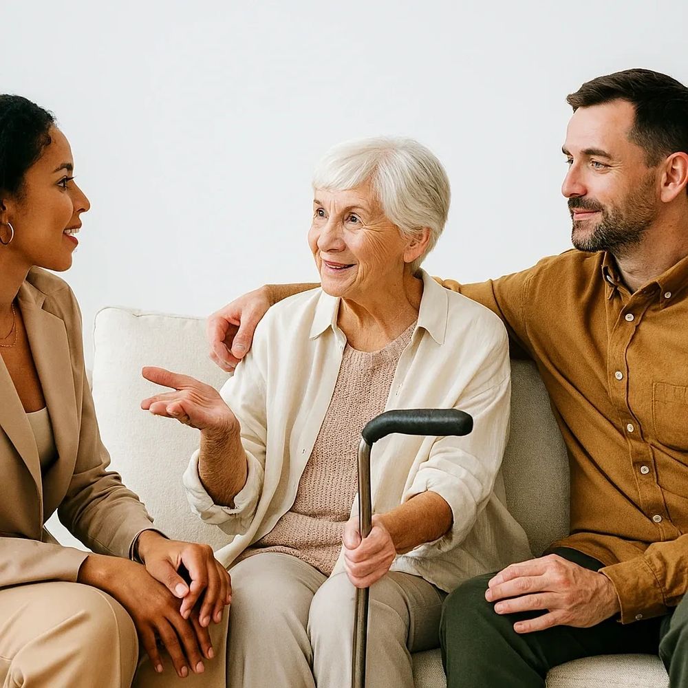 Three people having a warm conversation on a couch, with an elderly woman holding a cane.