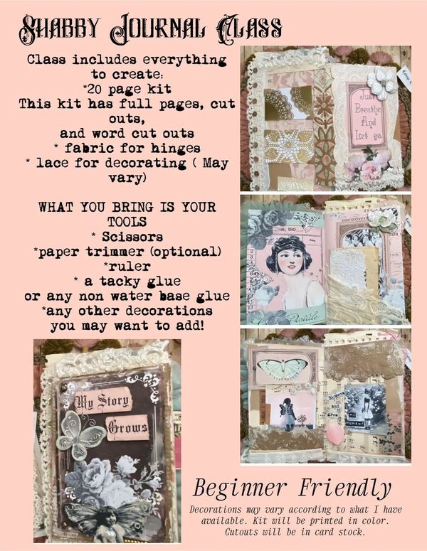 Shabby Journal Class kit with materials and tools list.