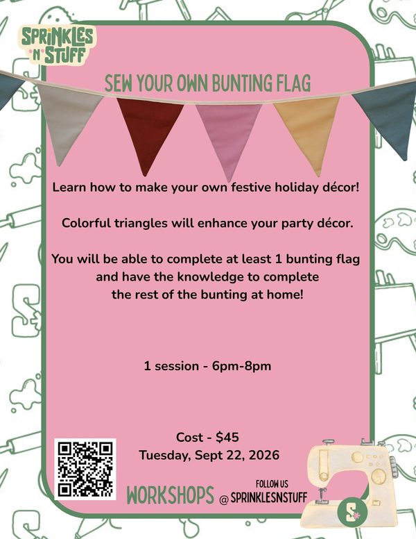 Workshop flyer for sewing festive bunting flags.