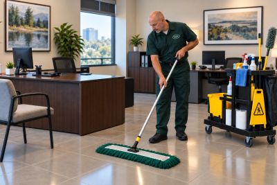 Janitor cleaning office floor with large mop