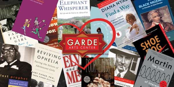 Collage of diverse book covers surrounding the Garde Arts Center logo inside a red heart.