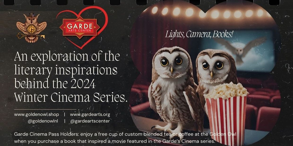 Two owls with popcorn in a cinema promote a 2024 winter literary-inspired film series.