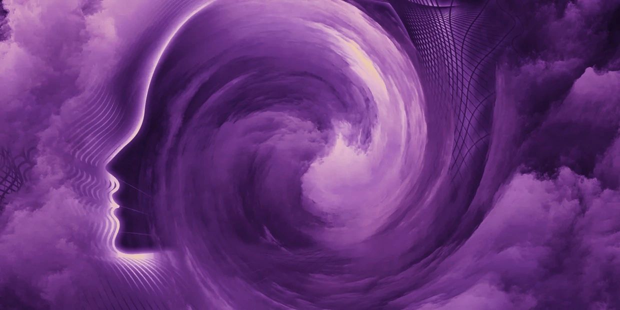 Purple swirling abstract face profile with cloud and wave patterns.