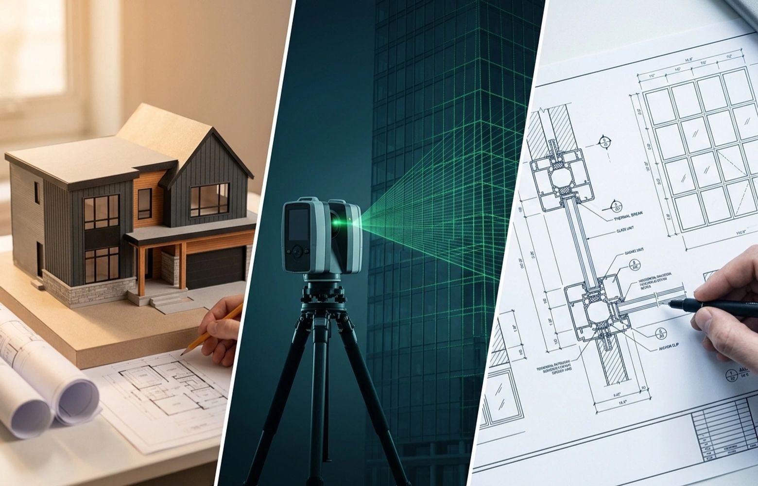 Hands working on architectural blueprints with tools.