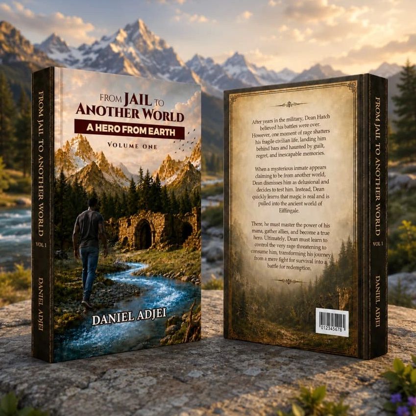 A fantasy book titled 'From Jail to Another World' by Daniel Adjei with a scenic mountain cover.