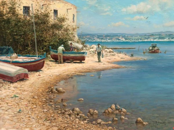 Men working near boats by a calm river.