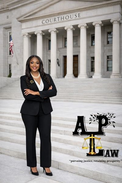 Professional woman standing confidently in front of a courthouse.