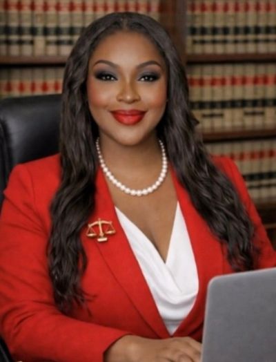 Confident woman in red blazer with pearl necklace in a professional setting.
