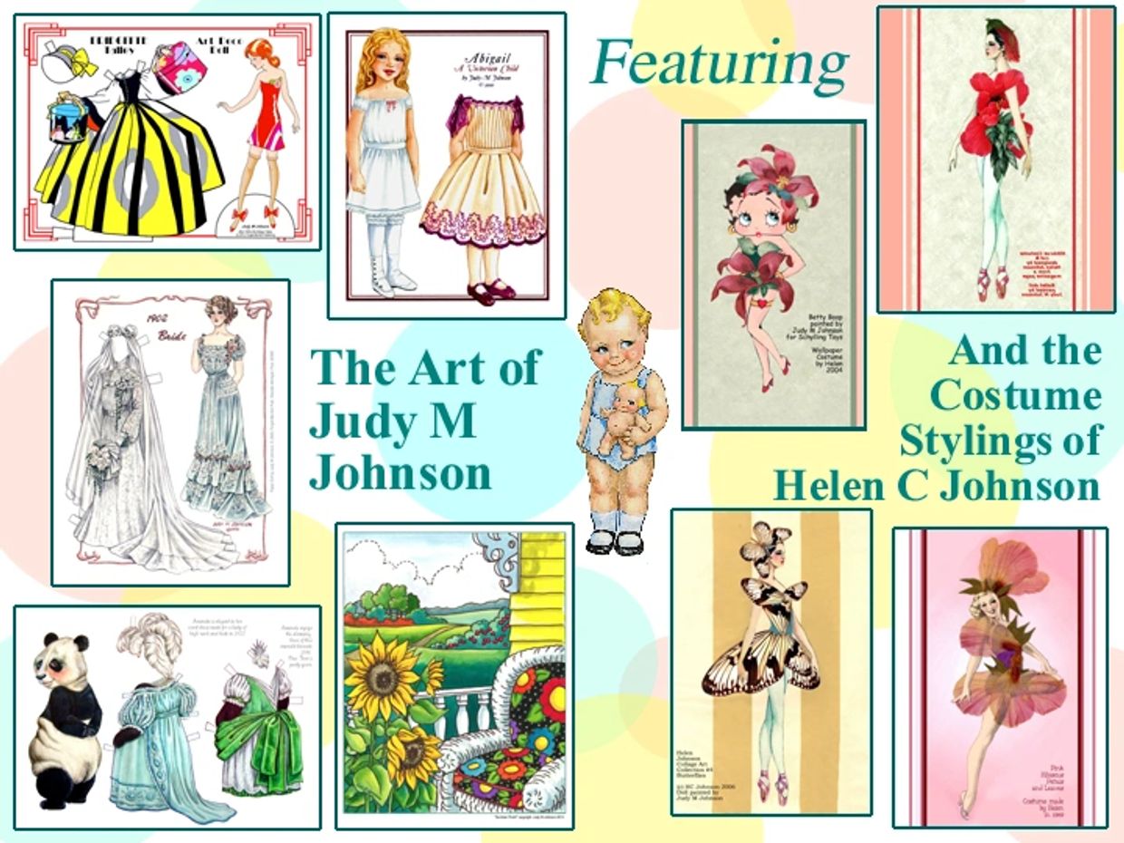 Judy M Johnson Art and Paper Dolls. Helen Johnson Paper Doll Costume Art.
