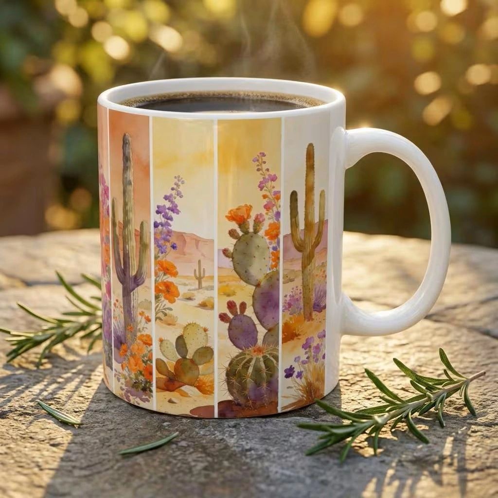 Desert Cactus Watercolor Mug | Southwestern Sonoran Landscape Ceramic