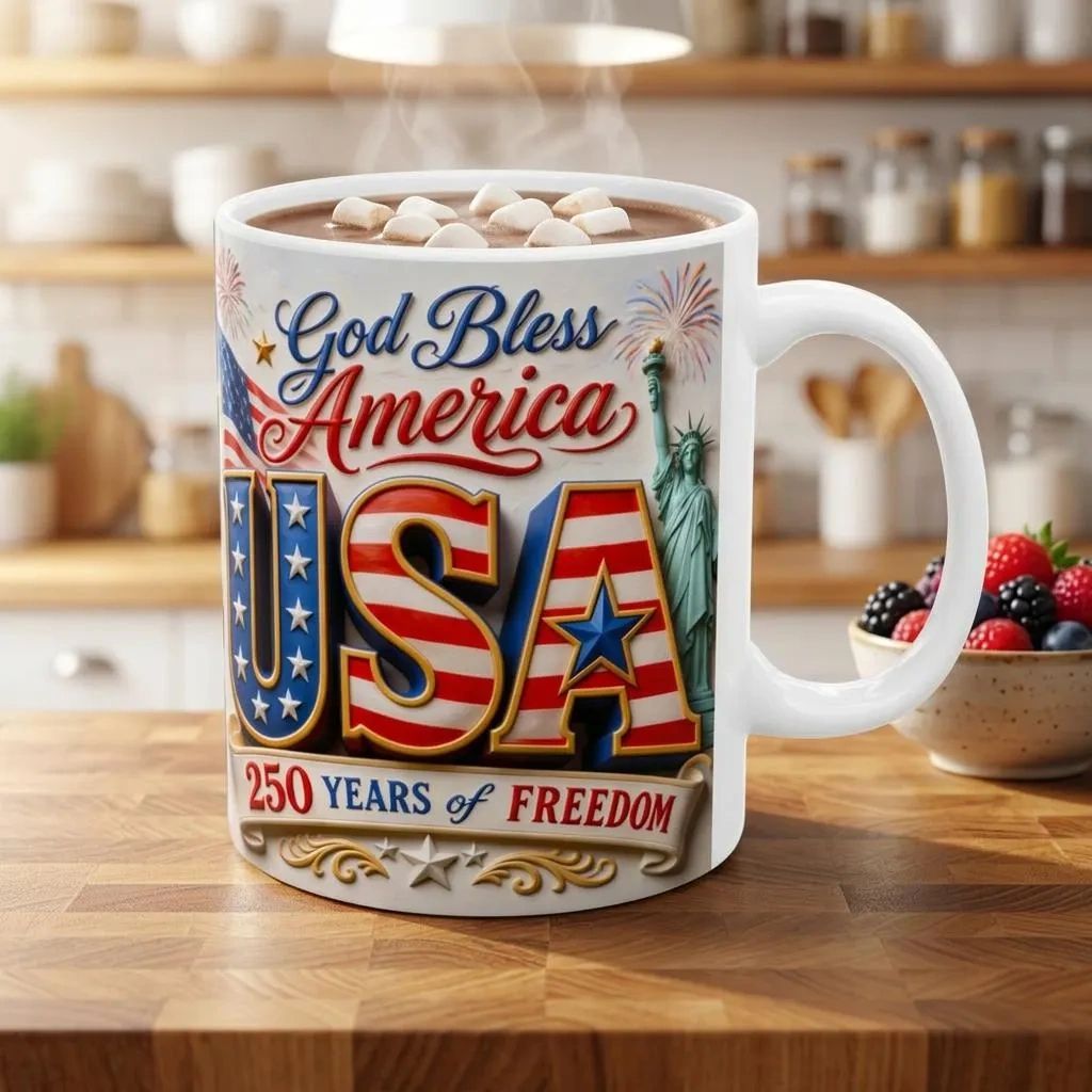 USA Patriotic God Bless America Mug | American Flag 250 Years