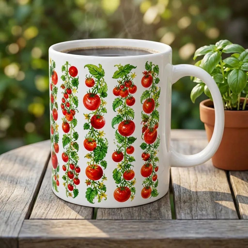 Tomato Vine Pattern Mug | Watercolor Art Ceramic Mug 11 oz