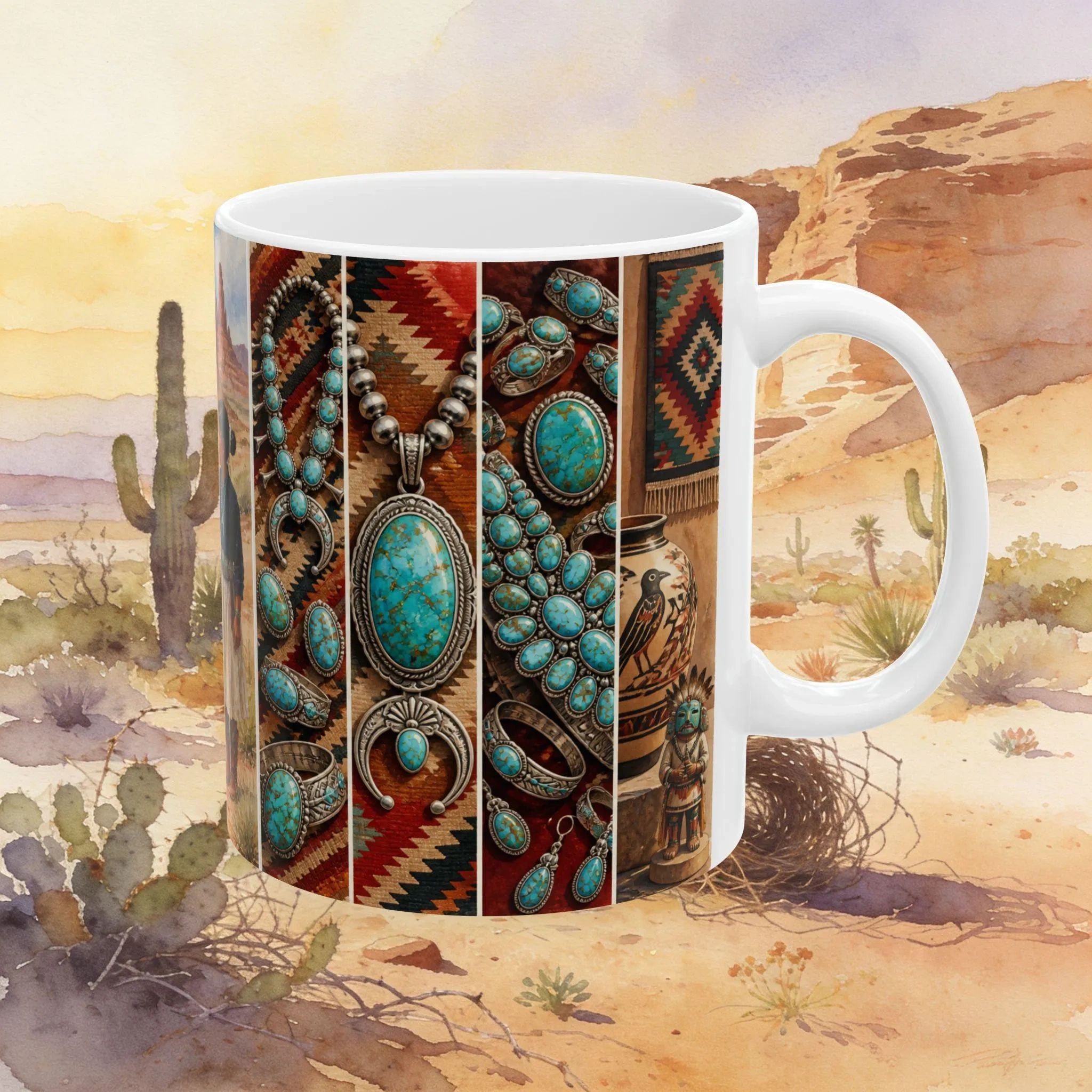 Southwest Turquoise and Native Pottery Collage Mug | Ceramic Mug