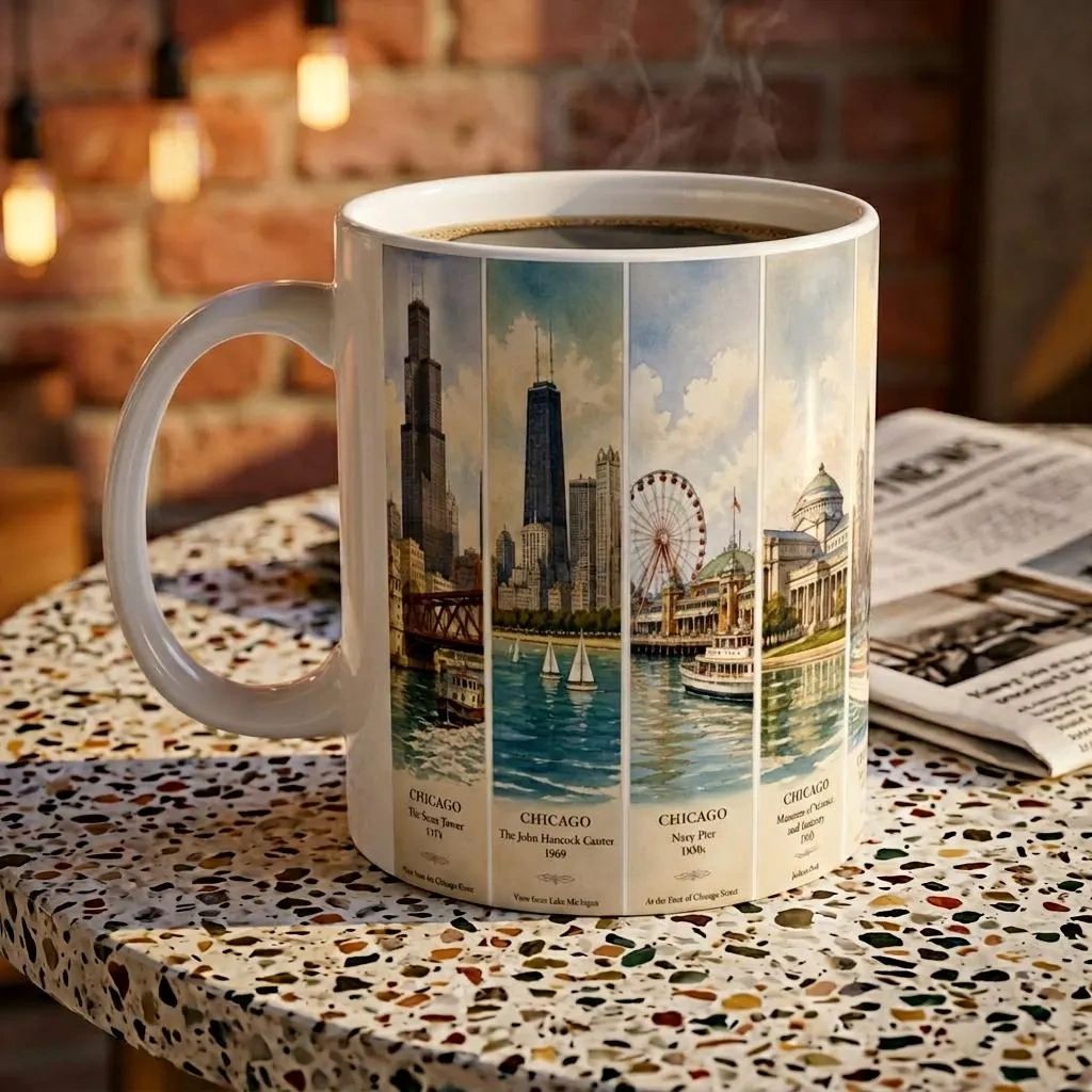 Vintage Chicago Skyline Panorama Mug | Cityscape Ceramic Coffee Cup
