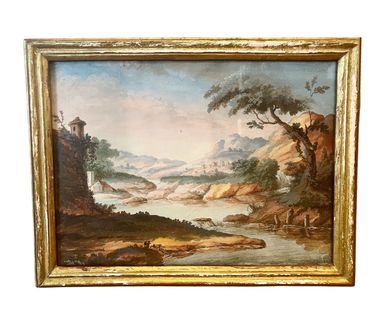 French Landscape Watercolor in Gilt Frame