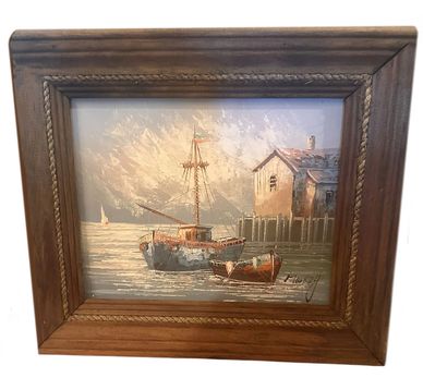 Vintage Oil On Board Harbor Scene Signed Markey