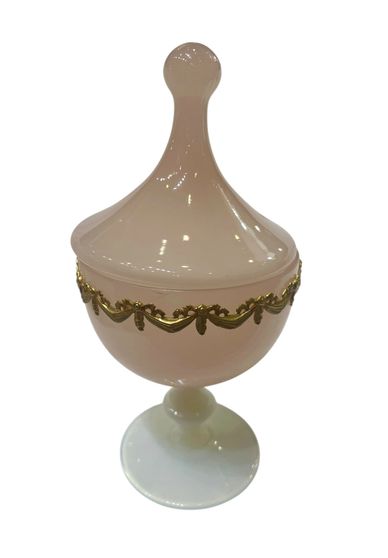 French Pink Opaline Glass Covered Box on Pedestal with Gilt Decoration