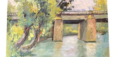 Impressionist Oil on Board, Bridge Over River  