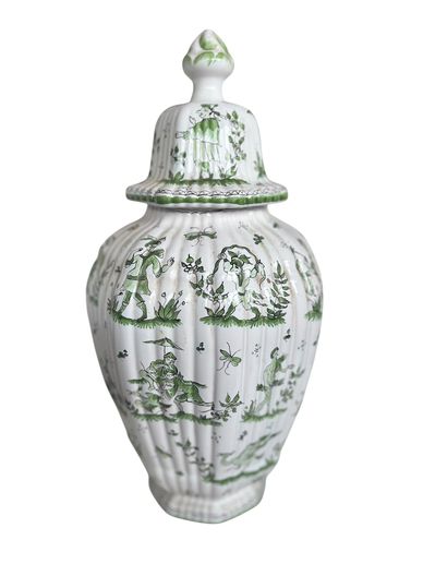 A beautifully decorated lidded vase from Moustiers, showcasing the region’s distinctive hand painted
