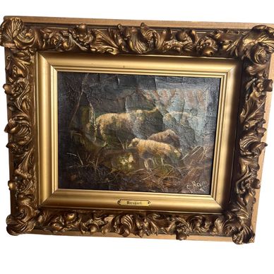 Antique "Barnyard" Oil on Canvas Painting with Sheep in Giltwood Frame