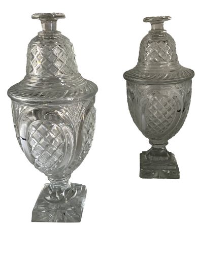 19TH CENTURY VINTAGE CRYSTAL COVERED SWEET MEAT URNS - A PAIR