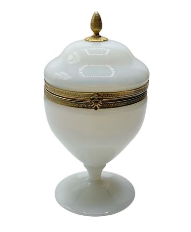 Antique White Opaline Glass Boule De Savon Box with Bronze Ormolu Finish
